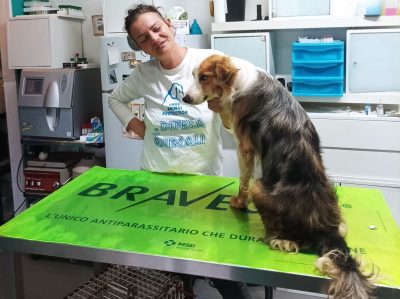 Una volontaria LNDC Animal Protection con un cane di Lampedusa